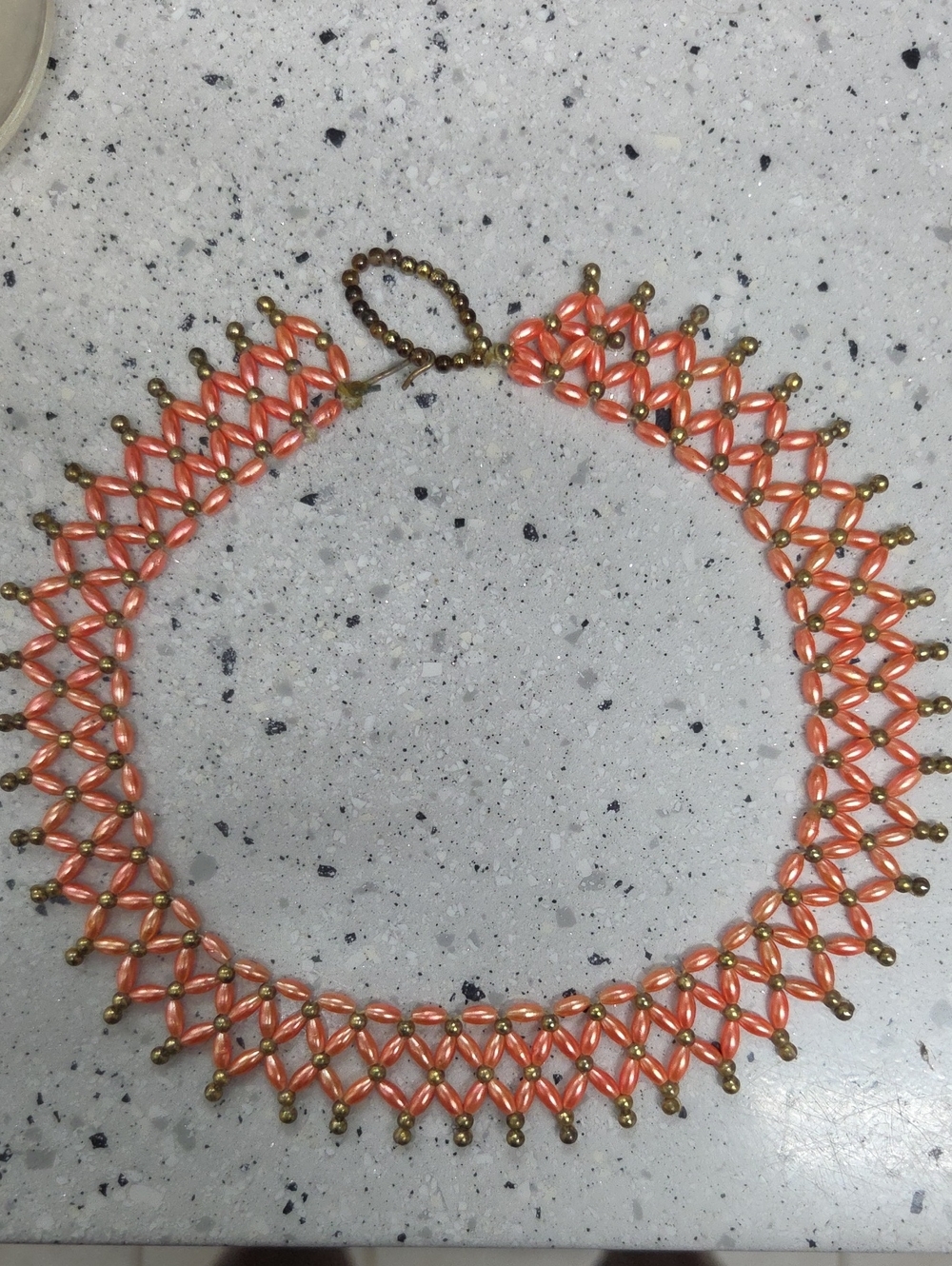 Vintage Salmon Pink Beaded Collar Necklace Lacy Netted Diamond Weave Choker